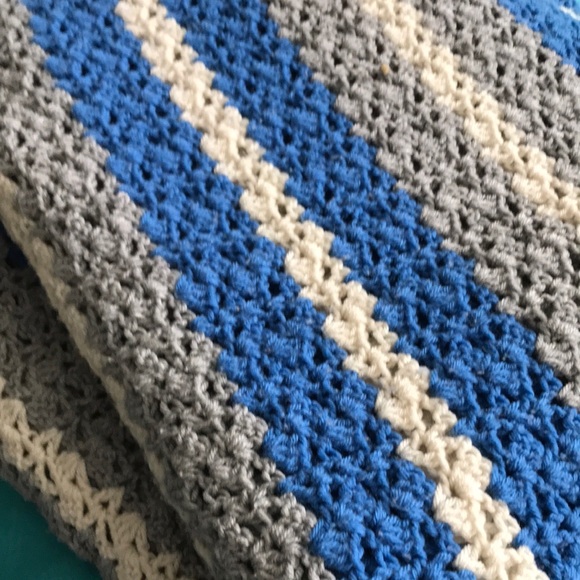 Handmade Queen Size Blue and Gray Striped Crochet Blanket - Picture 6 of 9